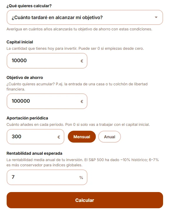 Cómo rellenar los datos en el Modo 2 de la calculadora de interés compuesto