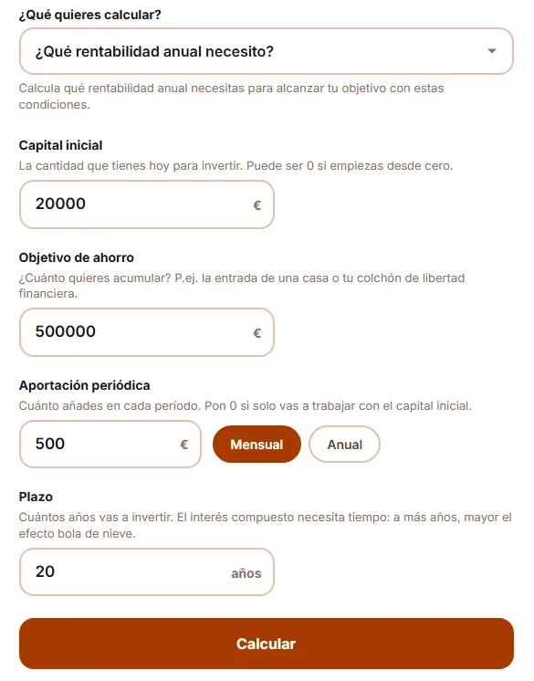 Cómo rellenar los datos en el Modo 4 de la calculadora de interés compuesto