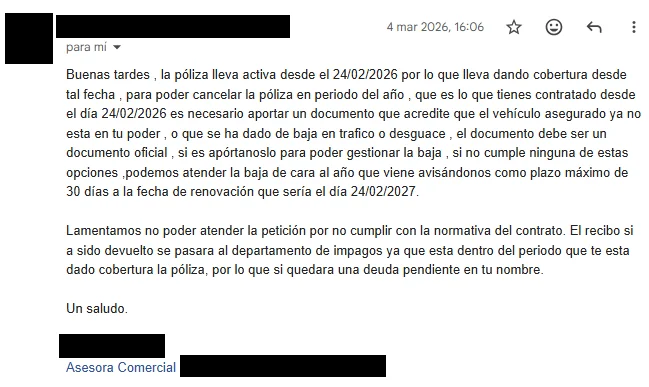 Captura de WhatsApp donde el mediador indica que no se puede cancelar el seguro