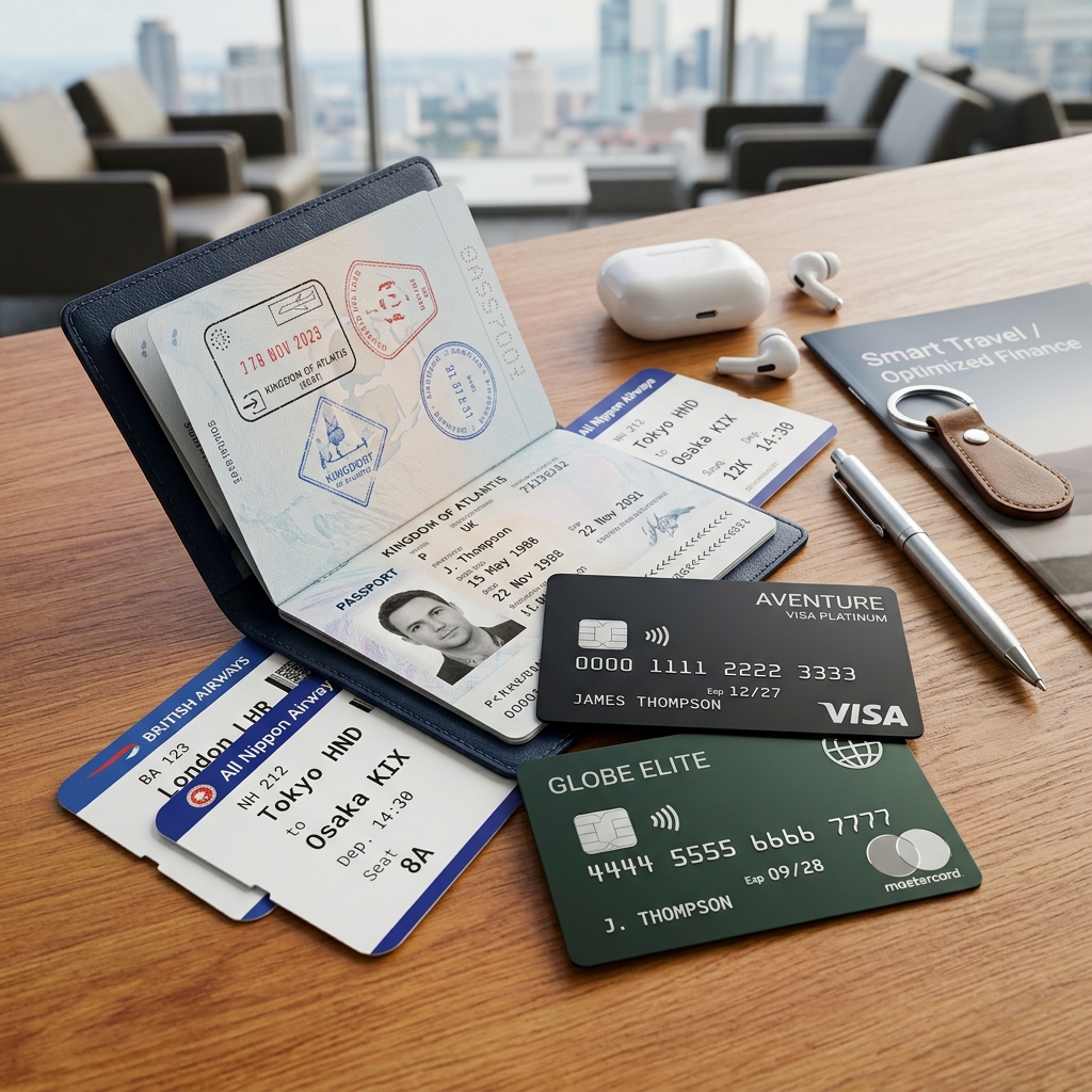 Tarjetas bancarias y elementos de viaje sobre un fondo moderno, representando ahorro sin comisiones