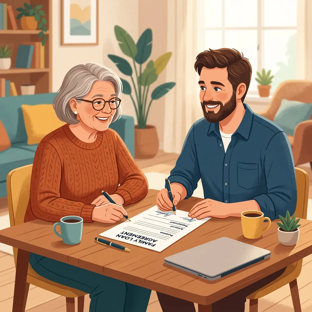 Dos personas firmando un contrato de préstamo familiar en una mesa con documentos