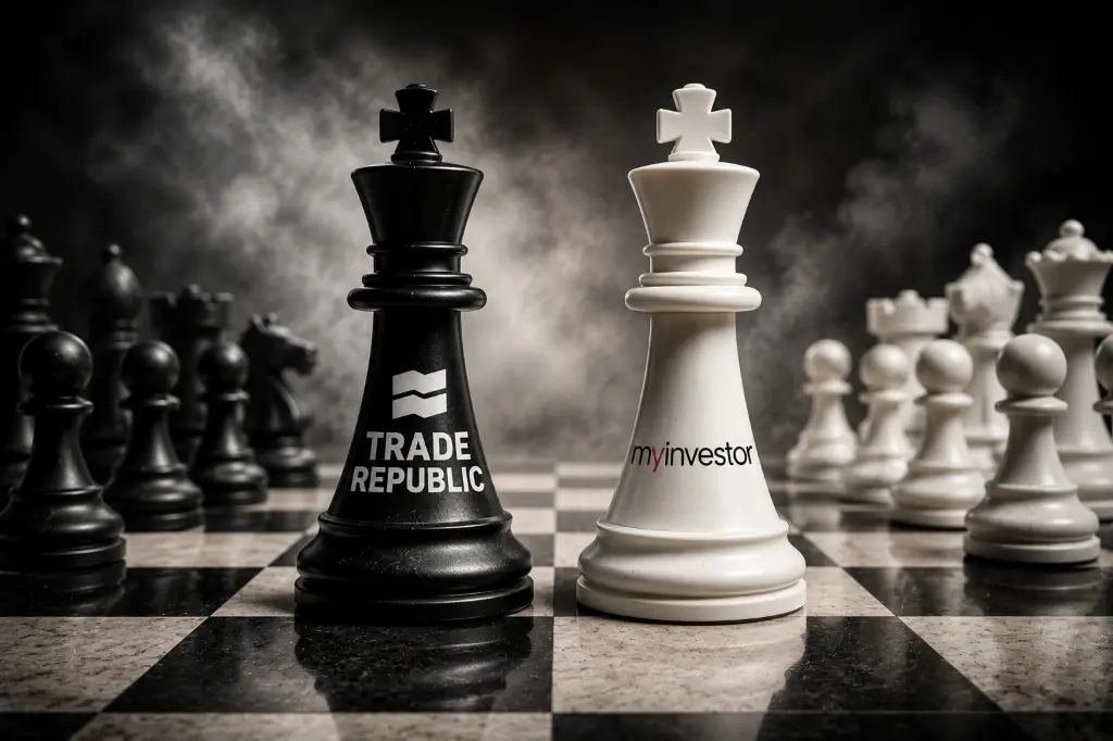 Piezas de ajedrez con los logos de Trade Republic y MyInvestor en un duelo estratégico